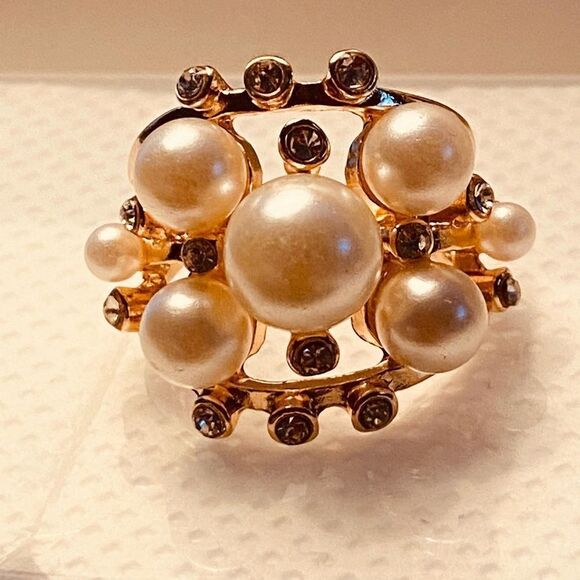 Gold Mix Pave & Pearls Ring Set Size 9 - Picture 6 of 12
